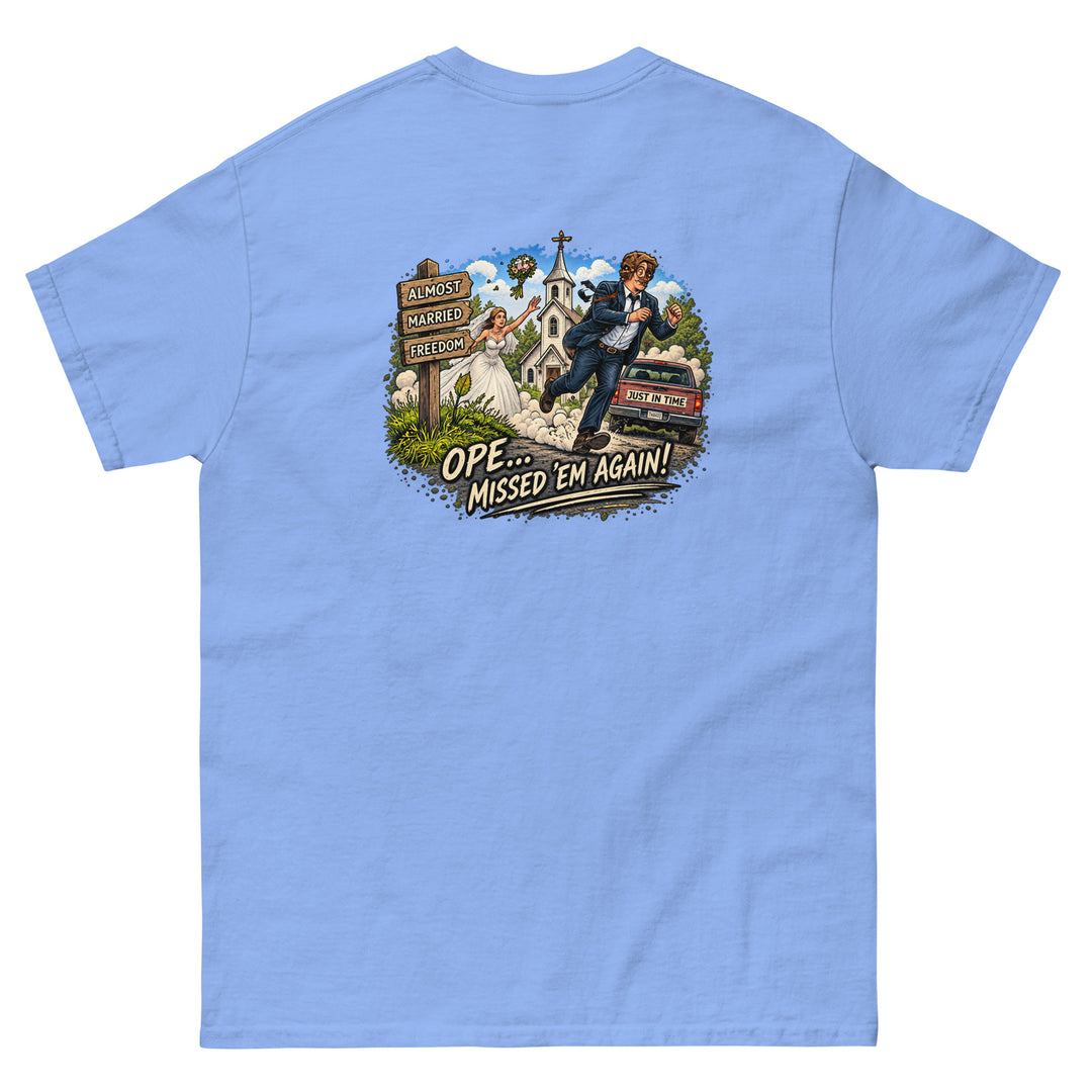 O’MEA™ Almost Married — Classic Tee, carolina blue, back 