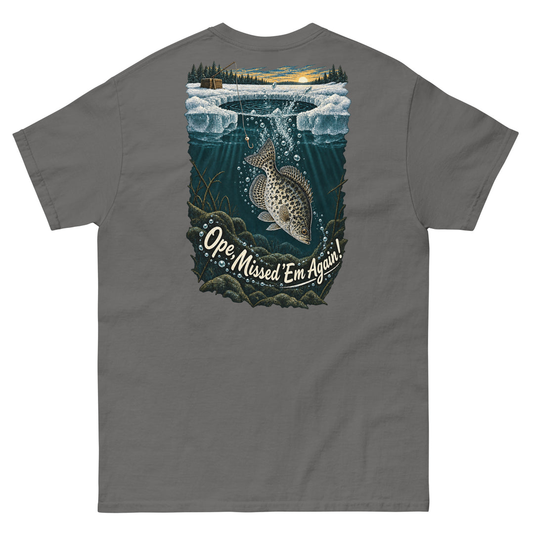 O’MEA™ Crappie — Back Down the Hole — Classic Tee, charcoal, back 