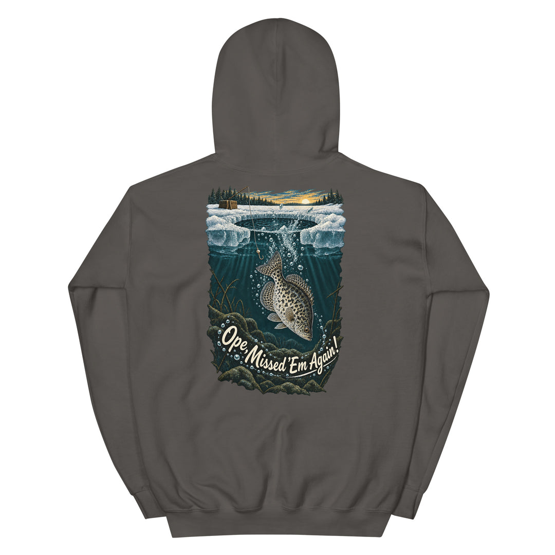 O’MEA™ Crappie — Back Down the Hole — Hoodie, charcoal, back 