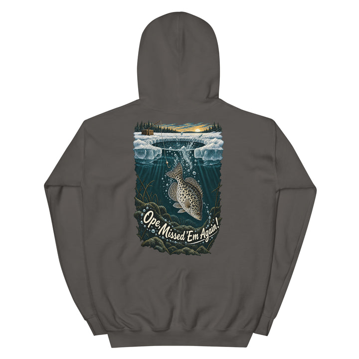 O’MEA™ Crappie — Back Down the Hole — Hoodie, charcoal, back 