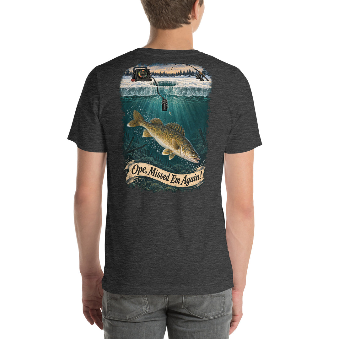 O’MEA™ Walleye — Sonar Tangle — Premium Tee, dark grey heather, back 