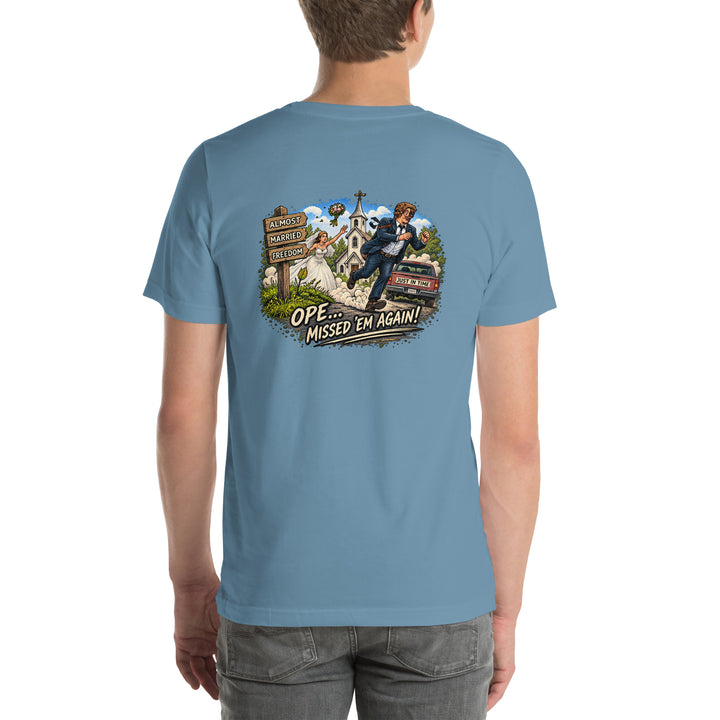 O’MEA™ Almost Married — Premium Tee, steel blue, back 