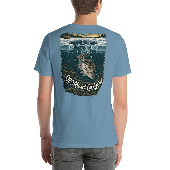 O’MEA™ Crappie — Back Down the Hole — Premium Tee, steel blue, back 